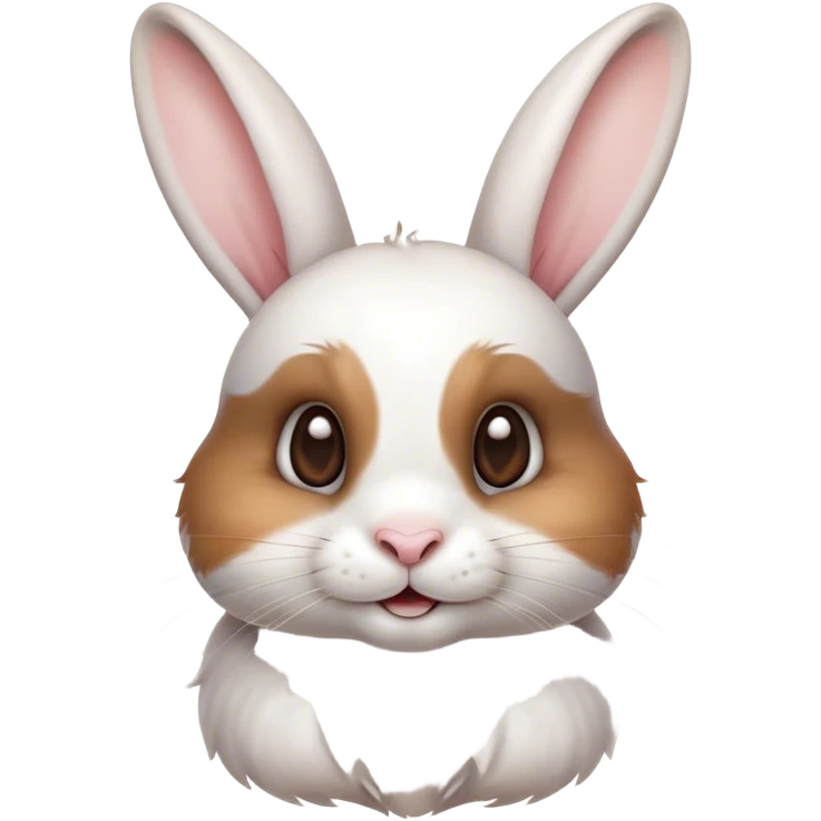 Cinematic Cute White and Brown Rabbit Portrait Emoji, Head tilted playfully and inquisitively, featuring a silky fur with a delicate mix of white and brown patches, round, sparkling eyes filled with curiosity, Simplified yet irresistibly adorable features, highly detailed, glowing with a warm, friendly glow, high shine, affectionate and lively, stylized with a touch of whimsy, bright and endearing, soft glowing outline, capturing the essence of a mischievous yet loving bunny, so playful it feels like it could hop out of the screen and into your arms! emoji