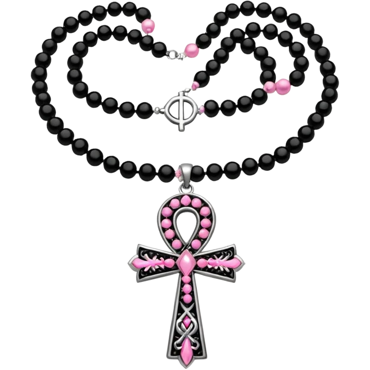Black beaded necklace with pink and silver ankh  emoji