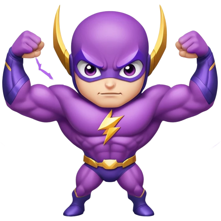 cute purple insect superhero with determined confident eyes, bulging biceps and muscles, electric lightning extending from arms, and a cool smirking expression emoji