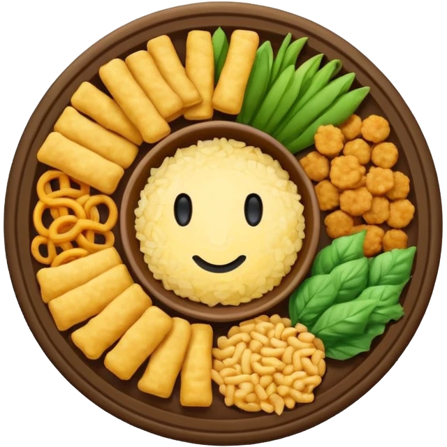 plato redondo con chicharrón crujiente dorado y arroz frito con pequeños vegetales de colores, vista desde arriba, fondo blanco, estilo simple. emoji