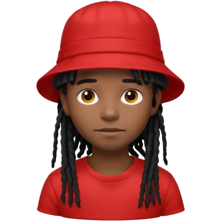 dark brown skin, black hair dreadlocks, wear red t-shirt, black bucket hat emoji