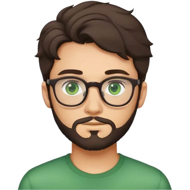 young man with dark slightly curled hair wearing glasses with green eyes and light beard emoji