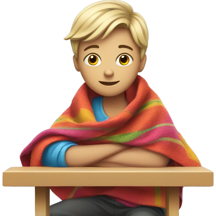 white teen sitting at a school desk with a colorful blanket wrapped around shoulders emoji