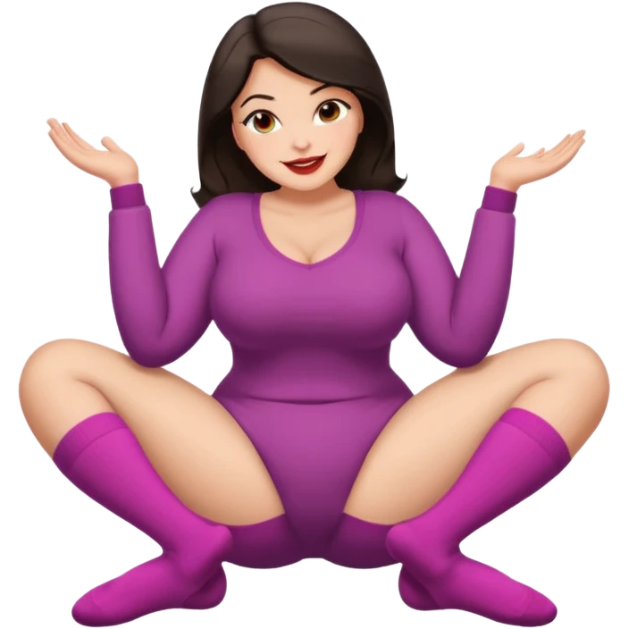 Cute curvy woman dark hair brown eyes big ass big chest skin coloured clothes socks legs up sole facing camera blushing face lip stick smile nervous emoji