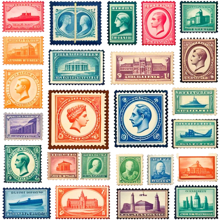 Icon for Stamp Collecting: a collection of vintage and colorful stamps arranged in an album or on a desk, with a large stamp block in the center showcasing different themes. The icon should reflect the charm and history of philately. Transparent background. emoji