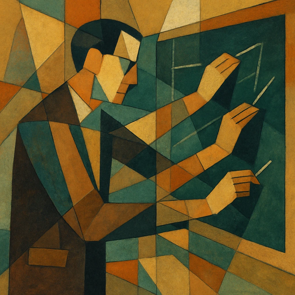 Teacher at a blackboard, arms and chalk repeating in echoed gesture angles. emoji