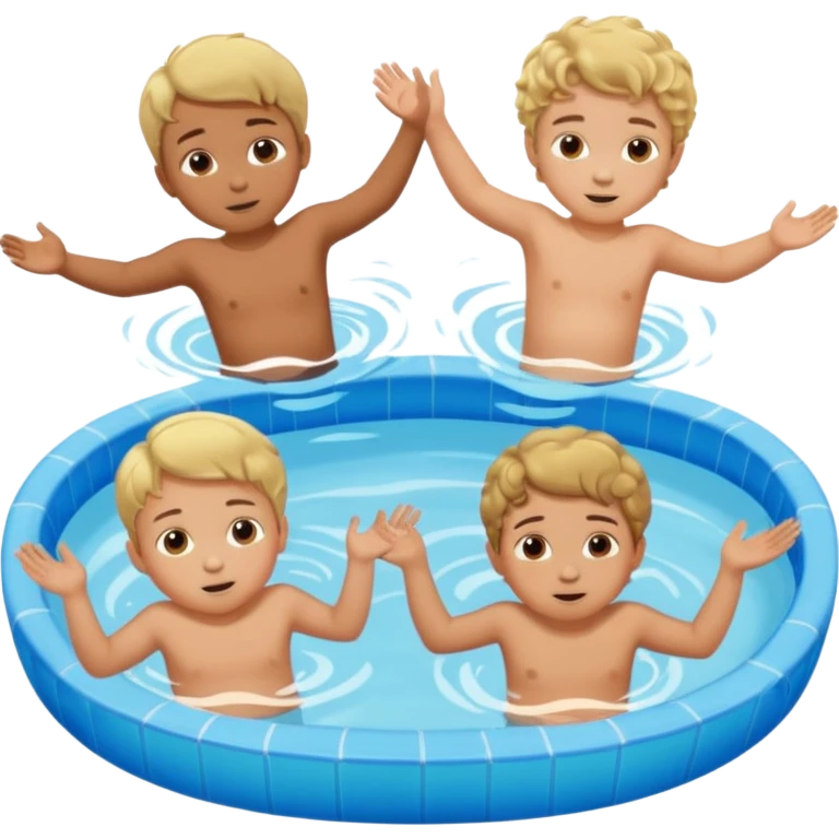 4 Kids doing a belly flop into the pool. The first two kids are blond boys. The third kid is a bow with brown short curls. The last kid is a little baby girl with brown hair  emoji