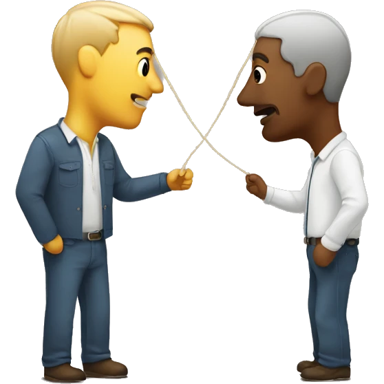 a man leads another man by a string, but the string is tied to his nose emoji
