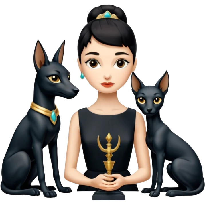 Kindly mannered real Audrey Hepburn cleopatra Protecting silky black-haired tiny statuette scale feral Anubis and pyramid scenery stone-age cracked irregular dwelling  emoji