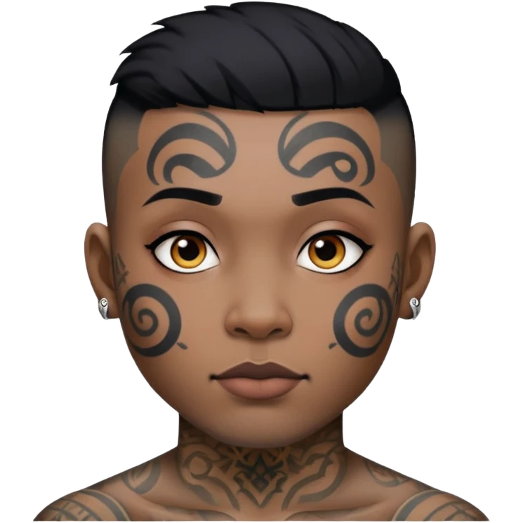 nam 30 tuổi, da đen, tóc undercut ngắn đen, có hình xăm trên mặt emoji