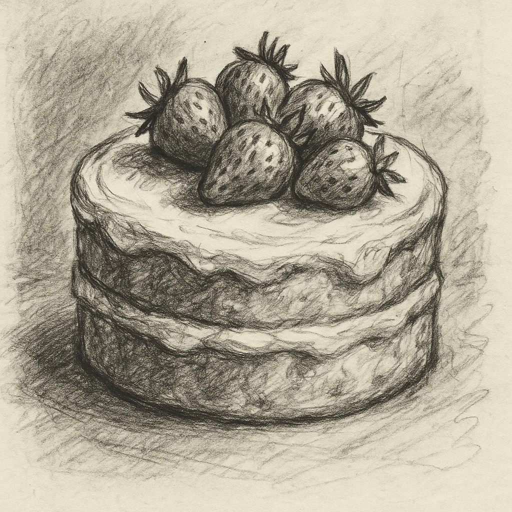 white cake with strawberries on top, pencil sketch style emoji