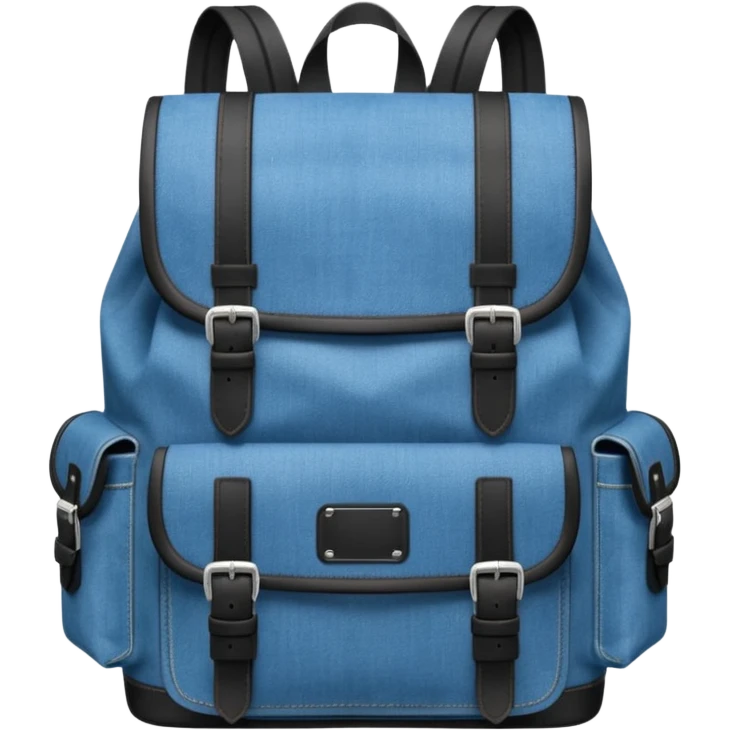 An emoji-style blue denim backpack with a flap top. Two short black buckle straps are attached only at the top flap, do  not extending to the bottom. The front is clean with no pockets or extended straps. The backpack has two side pockets. 


 emoji