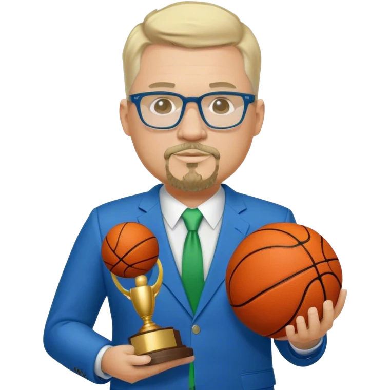 Full Body white fat male  wearing glasses with a goatee with light blonde gray very short hair basketball head Coach in blue and green suit holding trophy emoji