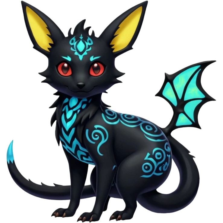 Shiny Fiery Dark Ugly Evil Glowing Eldritch Horror Cool Edgy Badass Emo Glorious Demonic Batty Punky Aural Iridescent Fluorescent Bioluminescent Umbreon-Amaura-Salandit-Litten-Flareon-Fakémon-fusion (full body) with intricate pattern markings emoji