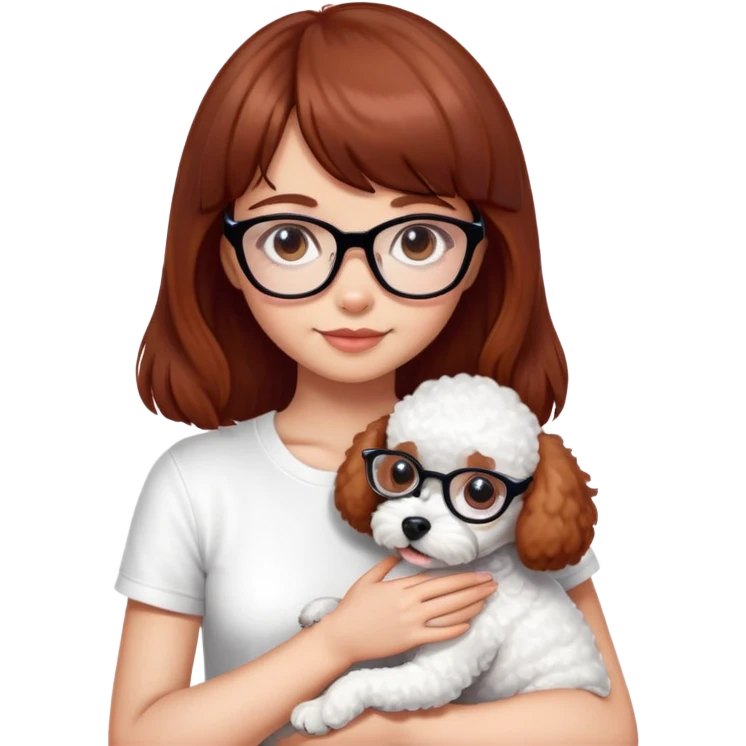 Mahogany haired girl with bangs, white glasses and a white t-shirt hugging a toy poodle dog emoji