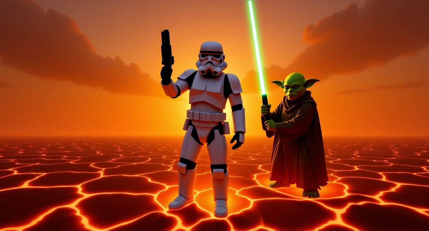 Camera POV, Starwars stormtroopers vlogging selfie, he is walking on lava planet with yoda emoji