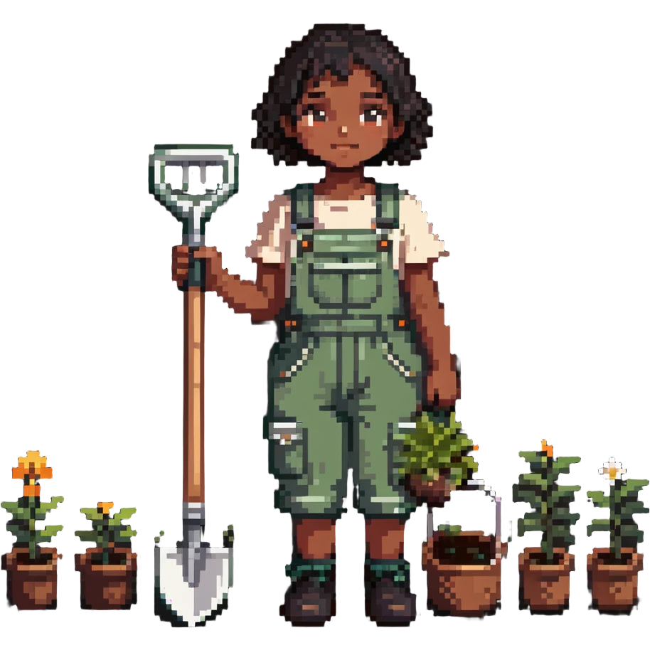 Beautiful brown skin girl with dark short hair wear garden overalls holding garden tools emoji