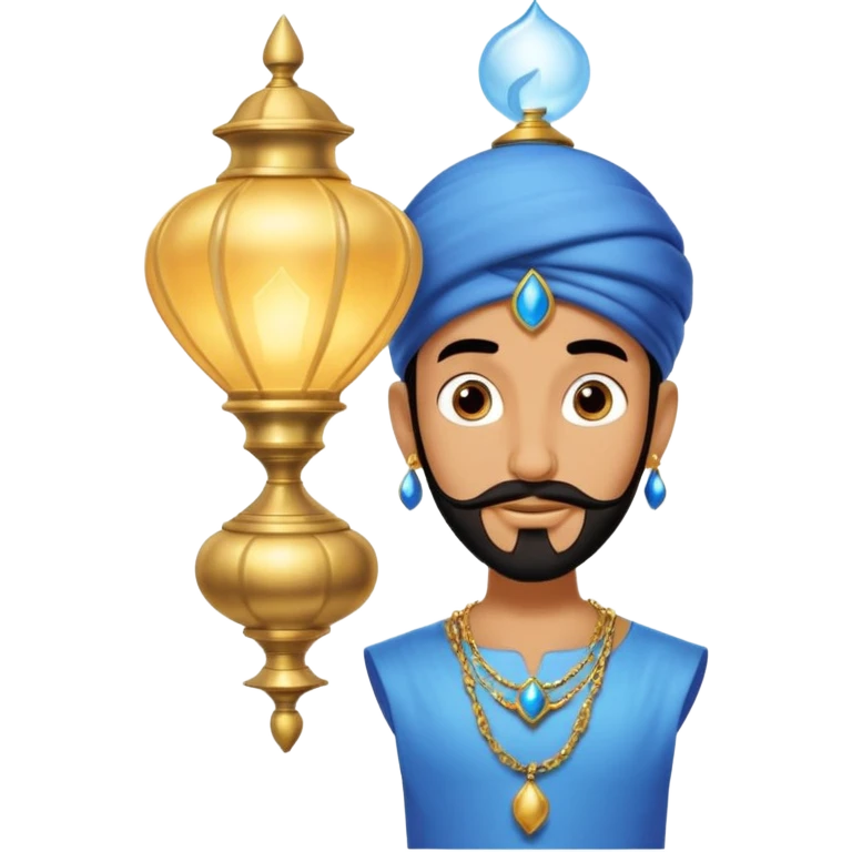 Blue genie with a black goatee and gold bracelets coming out of a lamp from Disney’s Aladdin  emoji