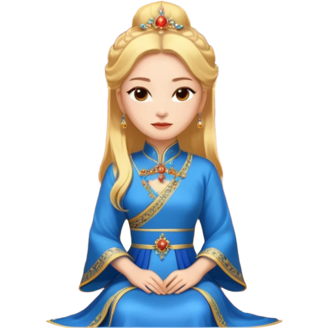 background is queen with golden hair with blue dress, sitting in a Imperial Chinese palace building with red walls, golden roof decorations emoji