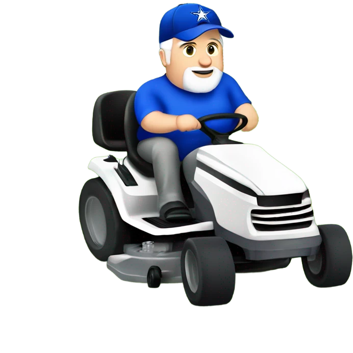 Fat old white male with short grey beard and blue Dallas cowboys hat riding lawn mower  emoji