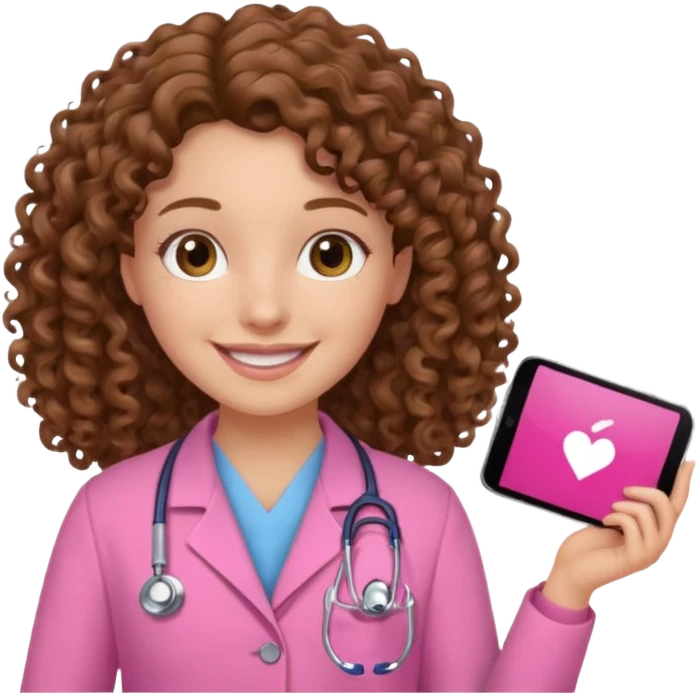 médica, cabelo castanho, pele branca, cabelo cacheado/ondulado, cabelo comprido, roupa rosa emoji