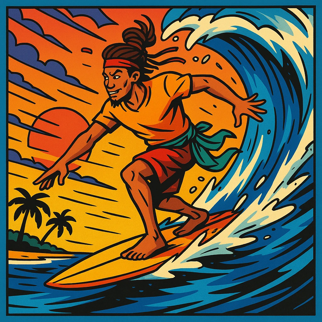 comic book panel featuring a Bali nomad surfing on a wave at sunset, energetic comic style, bold outlines, vivid colors, dynamic action, tropical beach setting emoji