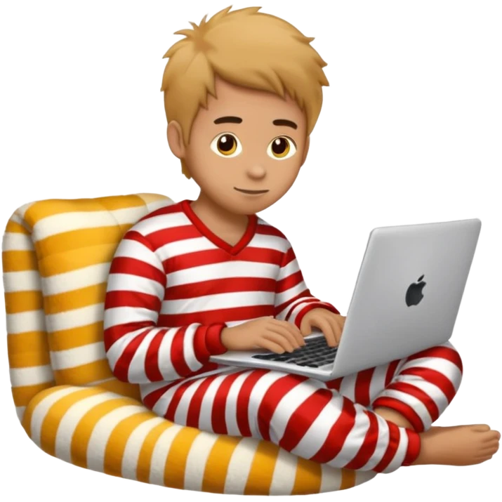 man in striped pajamas and fuzzy slippers typing on a laptop, emoji style emoji