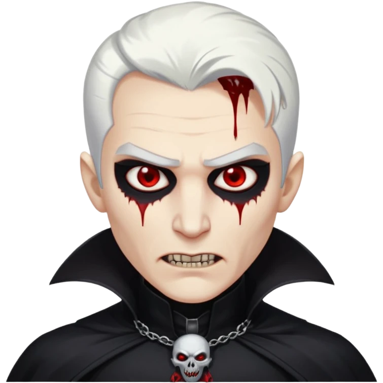 Creat a young man Vampire with white skin and white hair "make him have slide back hair" and full black vampire clothes and bloody eyes and long fangs and scary dead eyes and silver logo on his neck emoji