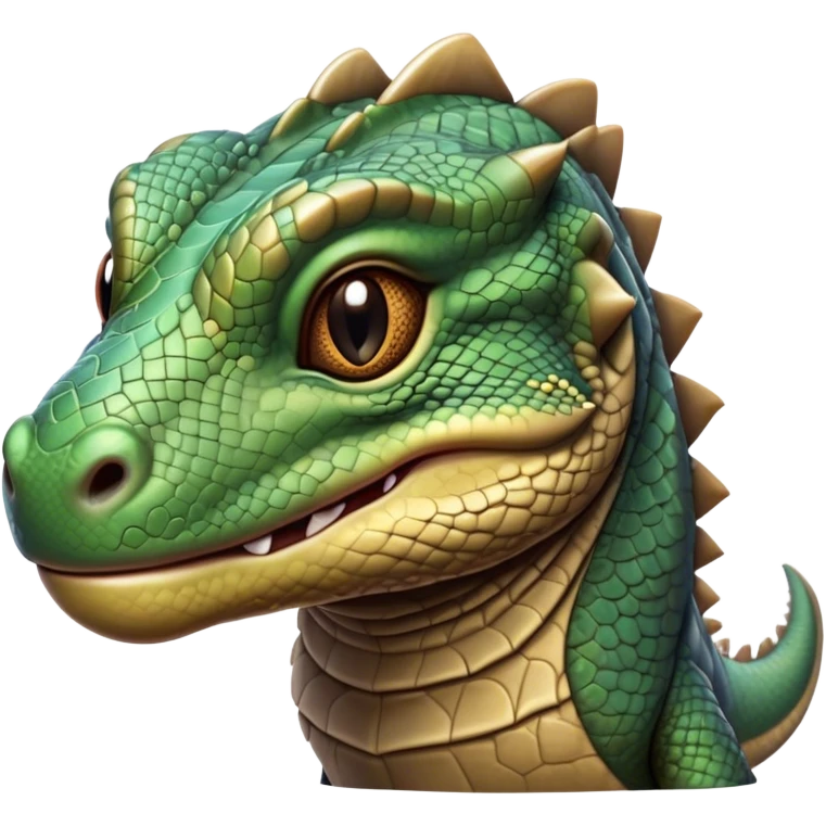 Cinematic Realistic Cute Komodo Dragon Portrait Emoji, Head tilted playfully and inquisitively, featuring a compact, robust build with finely detailed, textured scales in natural earthy hues and a characteristically alert face with bright, curious eyes, rendered with lifelike clarity, high shine, affectionate and surprisingly endearing, styled with a touch of wild charm, soft glowing outline, capturing the essence of a mischievous yet lovable Komodo dragon that seems poised to inch its way out of the screen into your arms! emoji