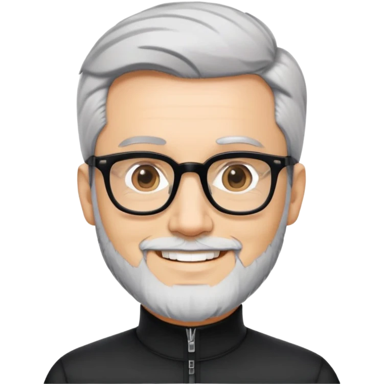 Man with light skin, short black hair styled up, short graying beard, large black-framed glasses, smiling face, black long sleeve mock neck shirt with zip emoji