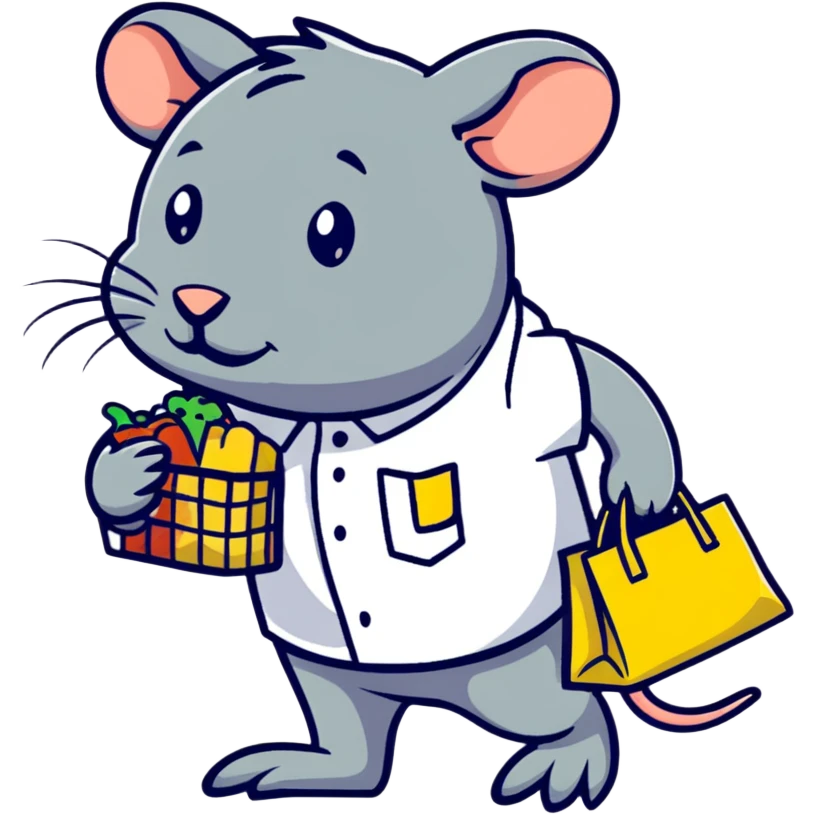 exhausted rat with grocery store uniform bagging items emoji