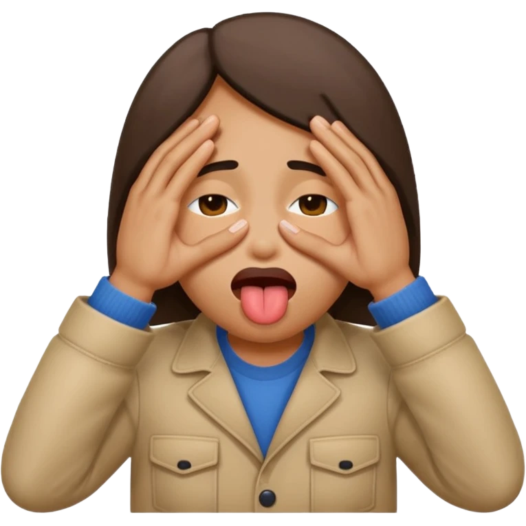 fait un emoji qui se cache les yeux avec ces main et qui tire la langue sur le côté emoji