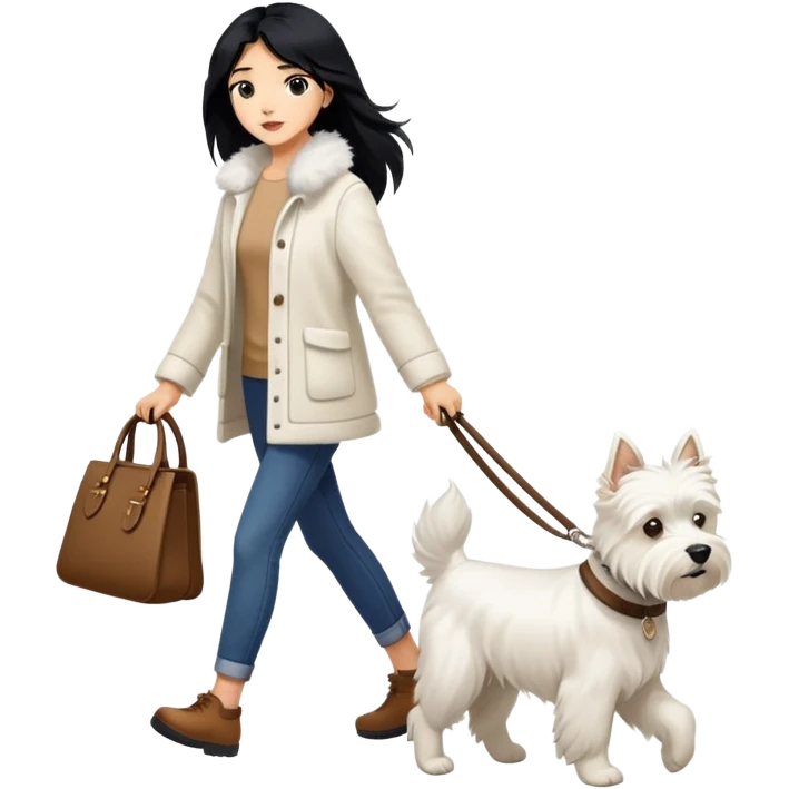 A girl with long black hair is walking a West Highland Terrier emoji