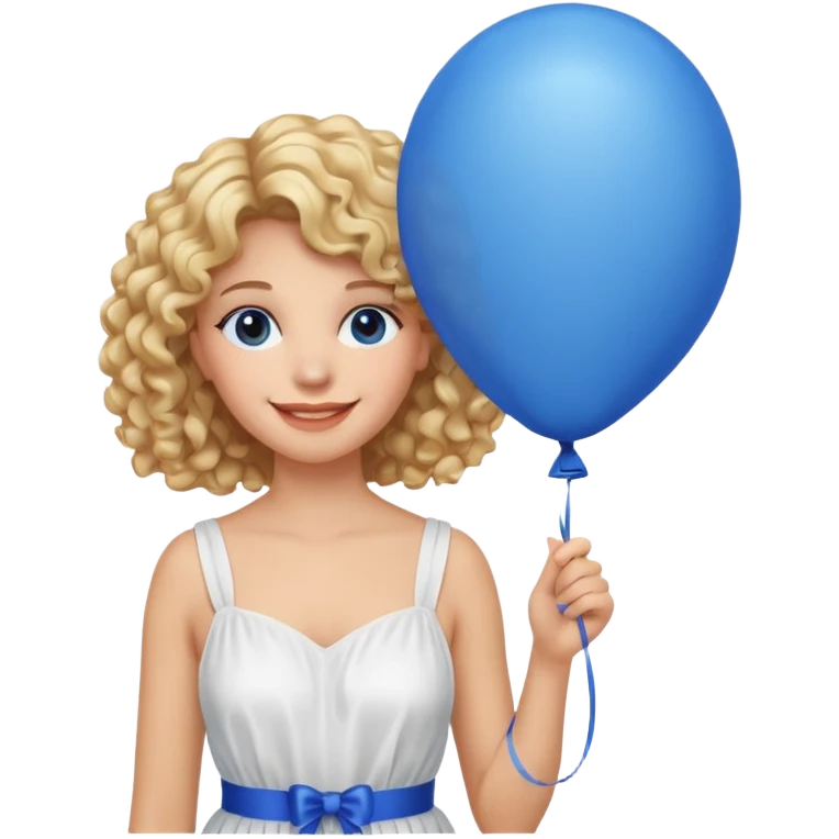Woman curly blonde with blue balloon, white dress emoji