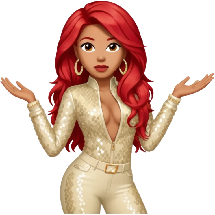 Keyshia Cole with long red hair, cream sequin outfit emoji