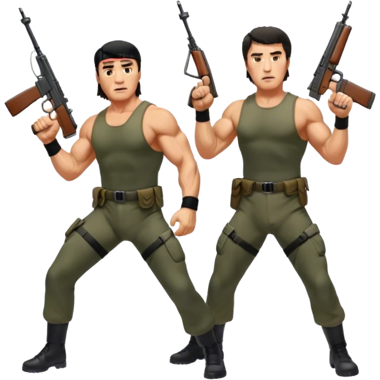 Icon for Action Movies: Arnold Schwarzenegger as John Matrix in Commando and Sylvester Stallone as John Rambo in Rambo, both in iconic action poses with weapons, intense expressions, and explosive backgrounds. Powerful and dynamic with dramatic lighting. Transparent background. emoji