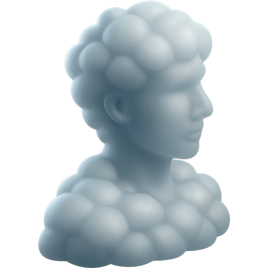 person looking straight, composed entirely of white fluffy convex clouds, shoulders up, matte glass style emoji