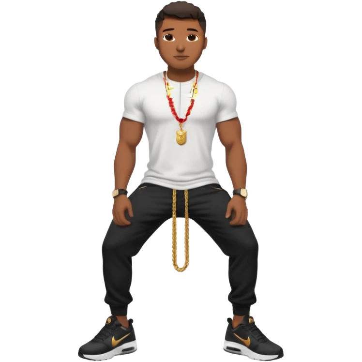 Handsome Black guy with brown skin tone, with muscular build, wearing black sweatpants, a white t-shirt, black Nike air max, a small gold rope chain, and a gold watch  emoji