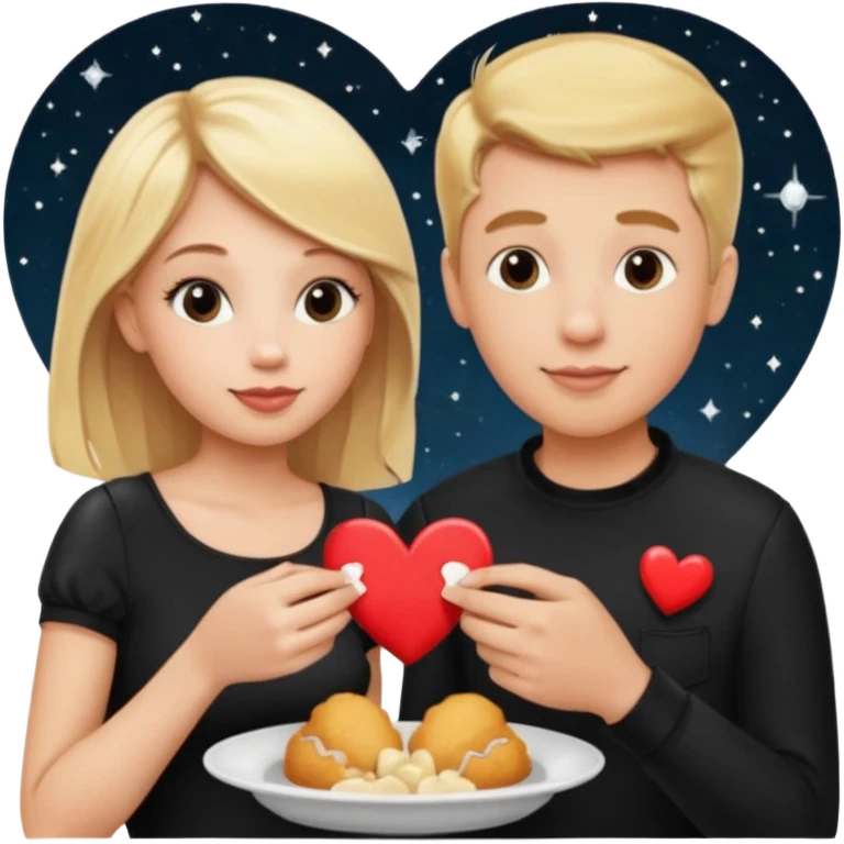 Couple with blonde hair wearing black eating chick filet hearts and outer space in the background. 
 emoji