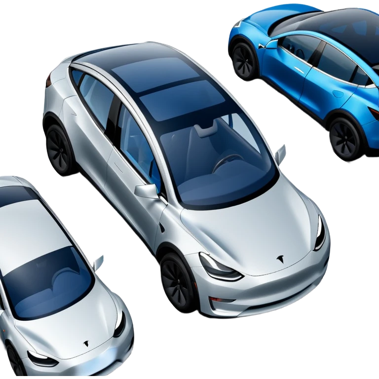 Tesla Model Y parking between two cars, seen from above. A blue line shows the planned trajectory emoji