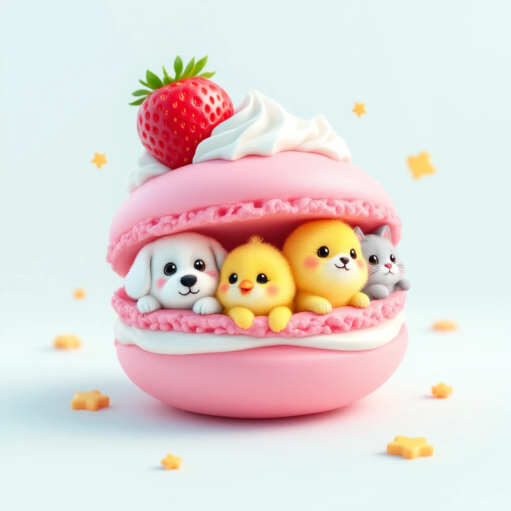 3D iOS 18 style illustration of a cute pink macaron with a strawberry and cream on top, filled with three adorable animal faces: a white dog, a yellow chick, and a gray cat, surrounded by small yellow stars, inspired by the reference image emoji