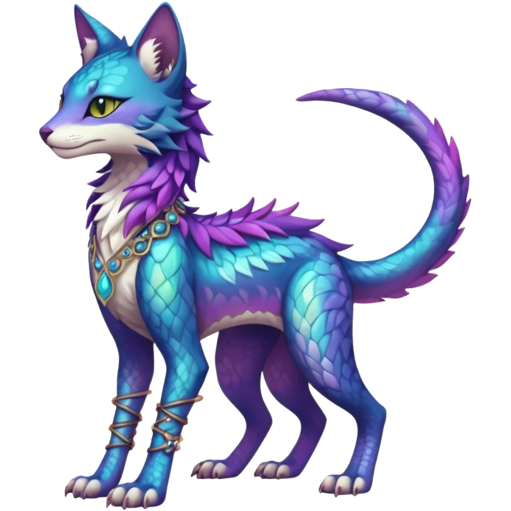 Kawaii iridescent beautiful pretty elegant divine edgy fantasy feline-vernid-sergal-fursona-animal-creature with accessories, full body, with intricate detailed markings emoji