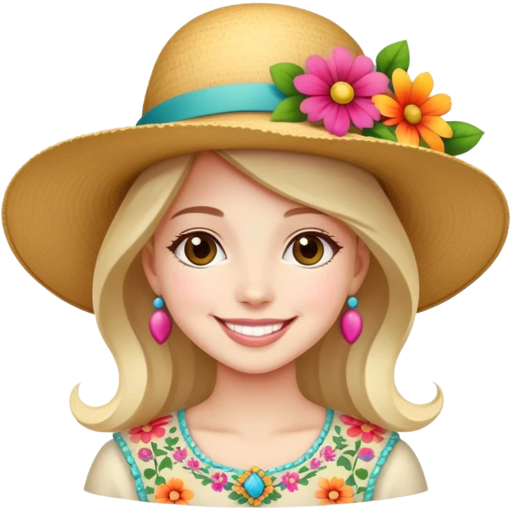 girl with a fancy wide-brimmed hat with flowers, happy face emoji