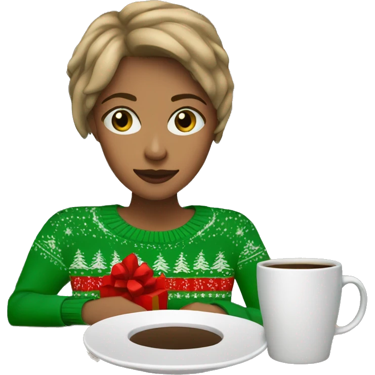 Light brown short haired girl with green eyes drinking coffee wearing blue Christmas sweater emoji