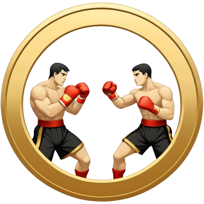 Round emblem symbolizing striking martial arts. The emblem features two fighters in dynamic stances, one delivering a powerful punch while the other defends with a block. In the center, a stylized fist and foot crossed to represent the essence of striking.  emoji