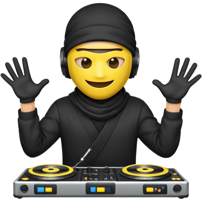 Make a customized yellow head emoji with hands and holding a dj turn table  in a  ninja face mask emoji