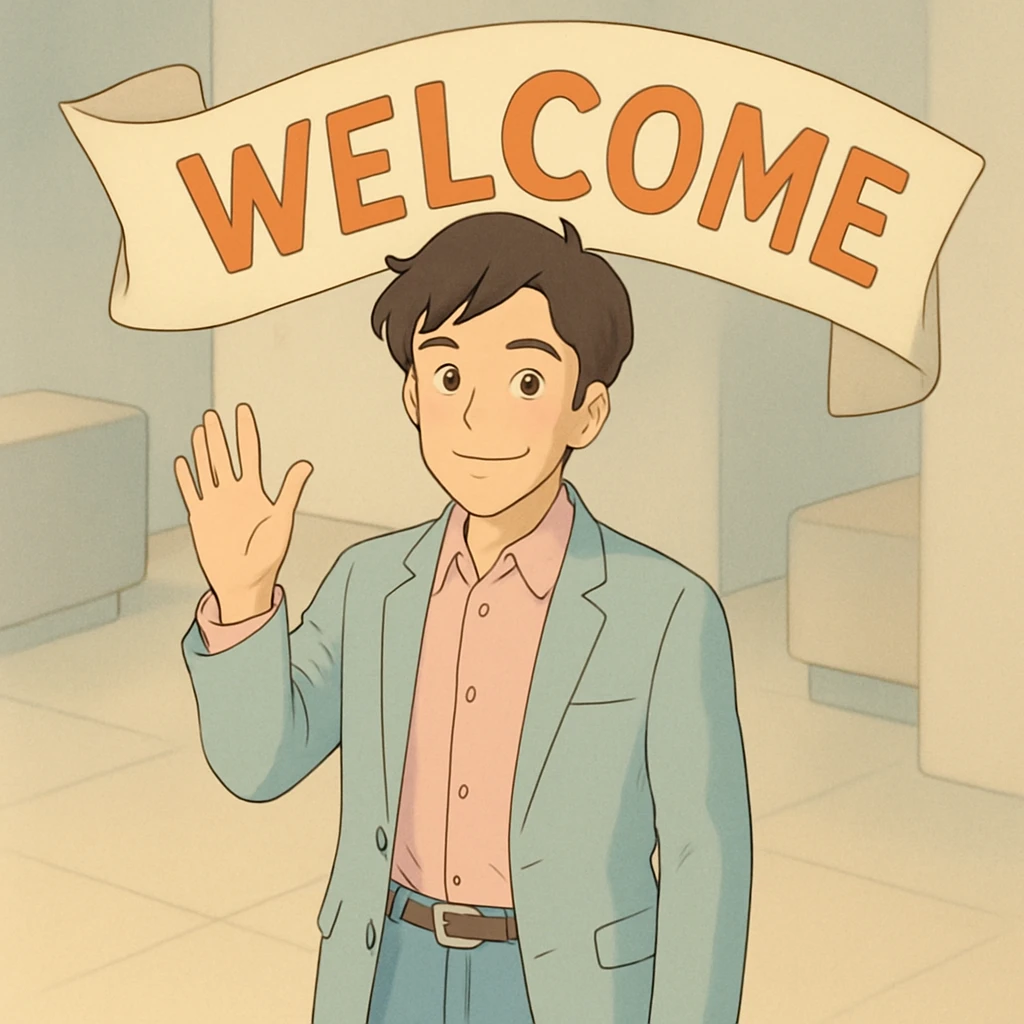 human character, center-frame, casual smart clothing in pastel blues, pinks, and neutrals, warm smile, one hand raised in a wave, stylized 'Welcome' banner behind, isometric perspective, soft diffuse studio lighting, subtle shadows, light depth of field, smooth rounded shapes, realistic skin texture, clean polished surfaces, modern minimalistic setting emoji