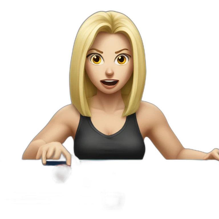 a blond women playing pinpong and angry emoji