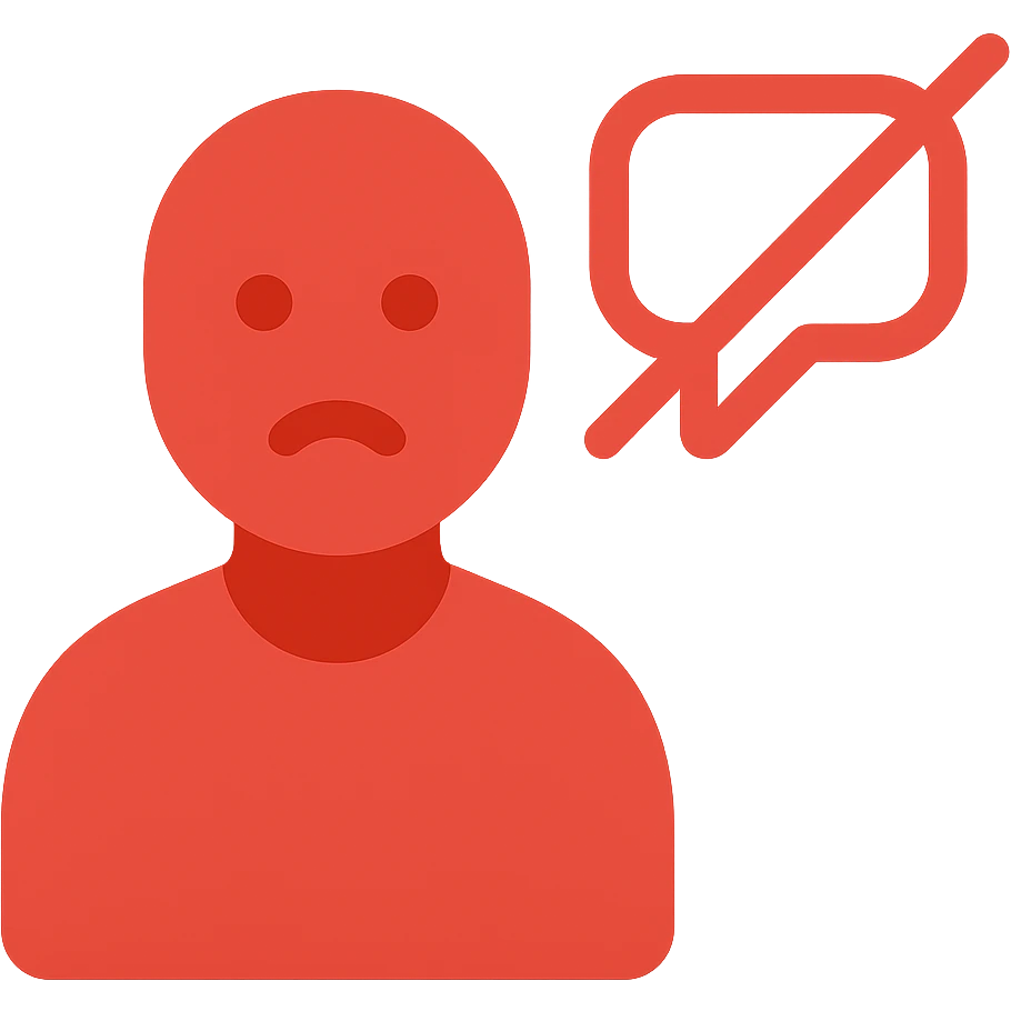 Disengaged user silhouette with a crossed-out chat bubble in minimal modern icon style, red color variation, no background. emoji