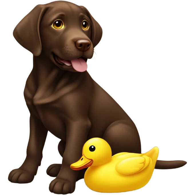 Chocolate lab puppy with big yellow duck toy emoji